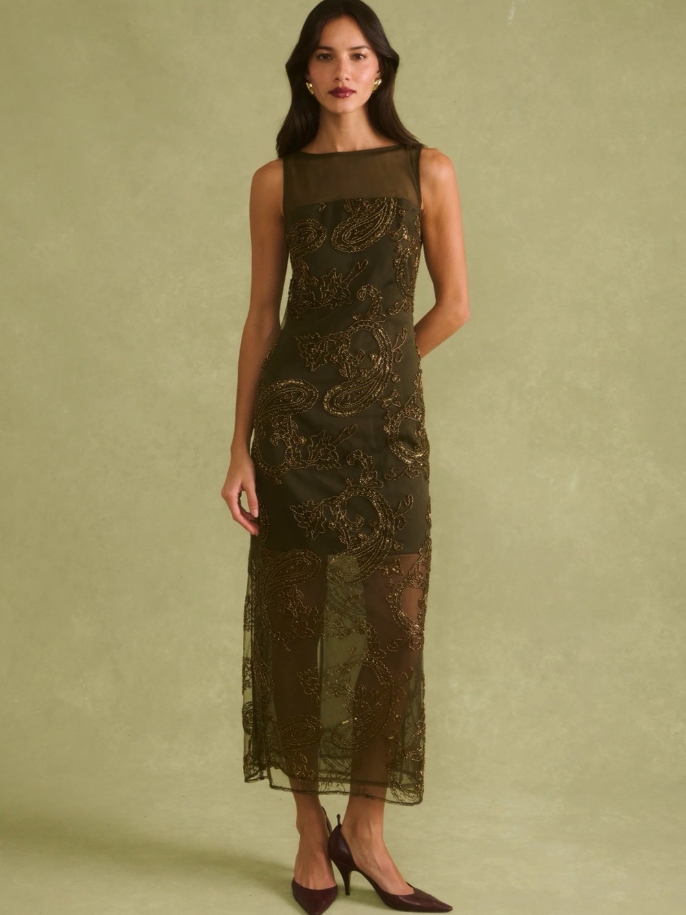 Few Moda sorella NWT Ora Olive Green Embellished Beaded Sheer Mesh Dress